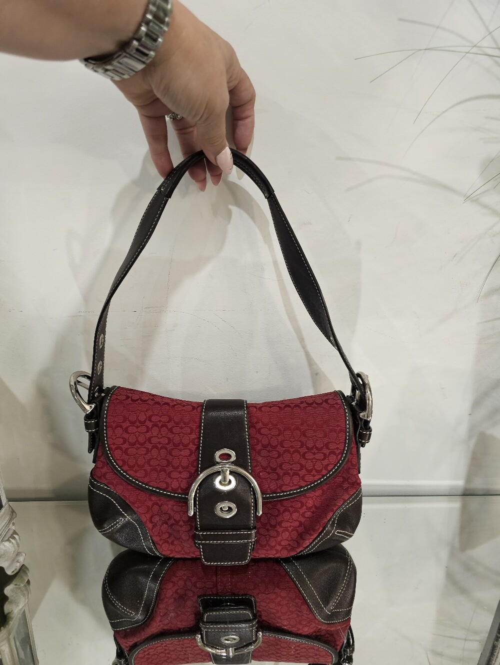 Vintage Coach Soho Red Signature Y2K Canvas Flap Bag with Dark Brown Trim